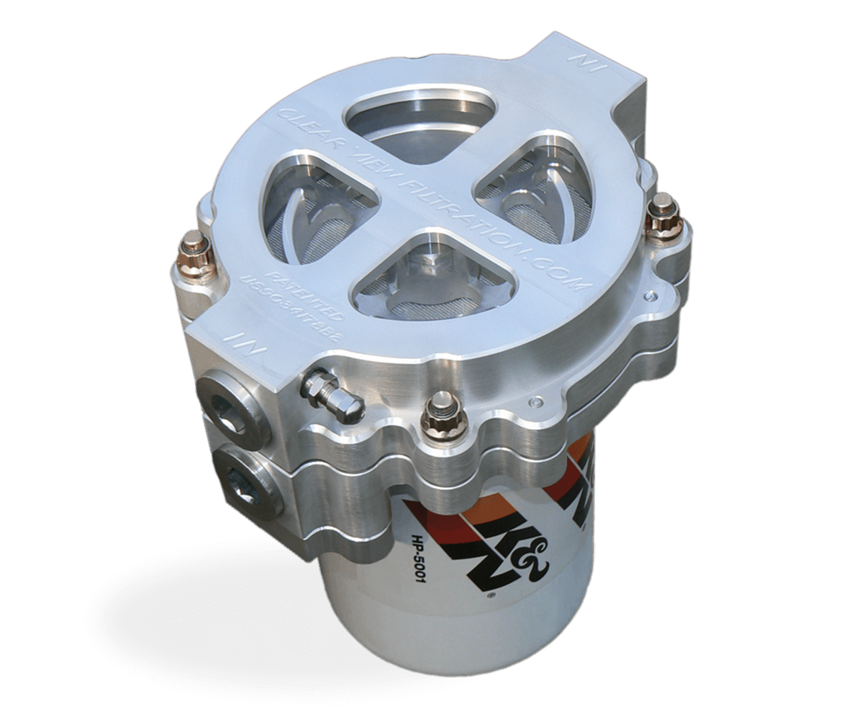 A silver oil filter assembly with a transparent top, displaying internal components and brand markings on the white lower section.
