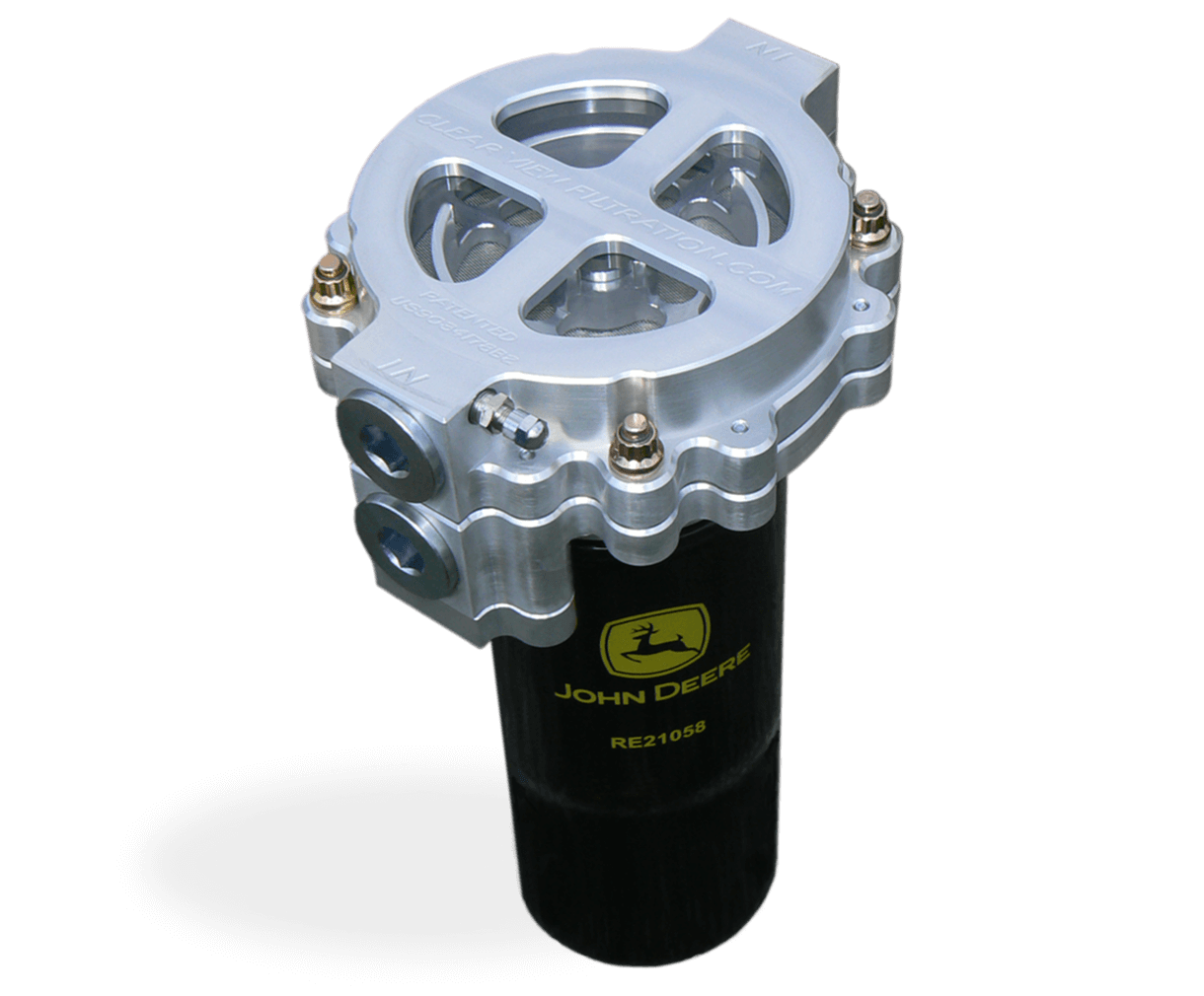 John Deere hydraulic oil filter with metal cap and logo.