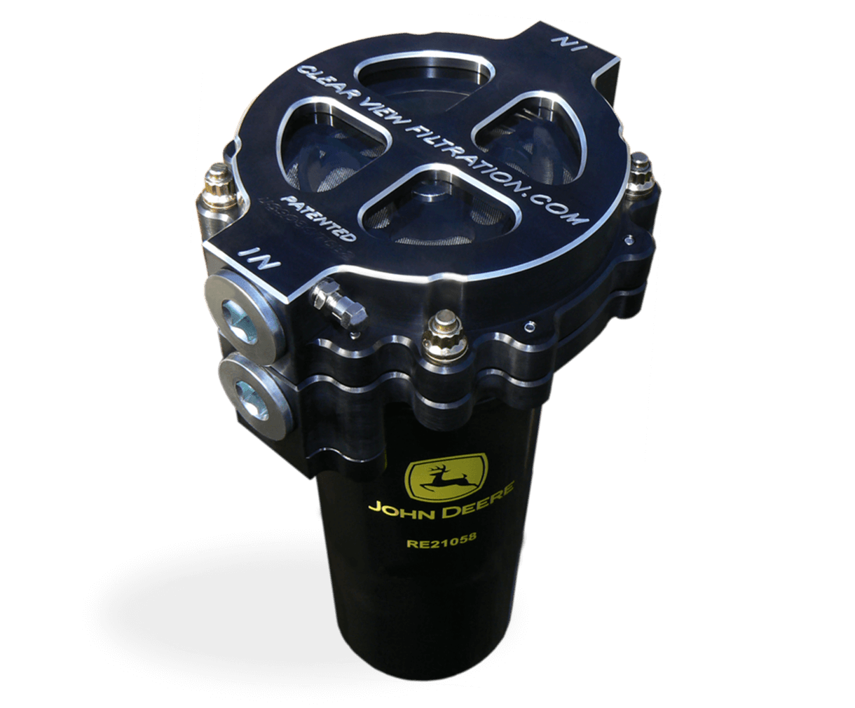 Black and silver John Deere filtration device with a transparent top and labeled inlet points.