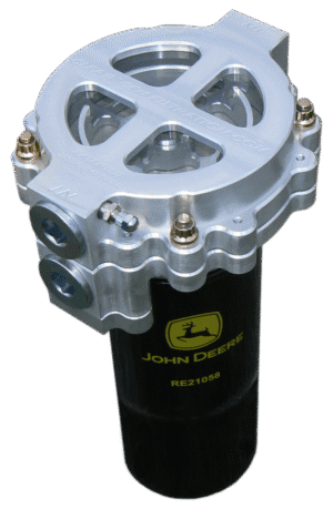 Close-up of a John Deere fuel filter with metallic and black components.