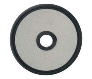 A circular mesh filter with a black outer ring and central hole.