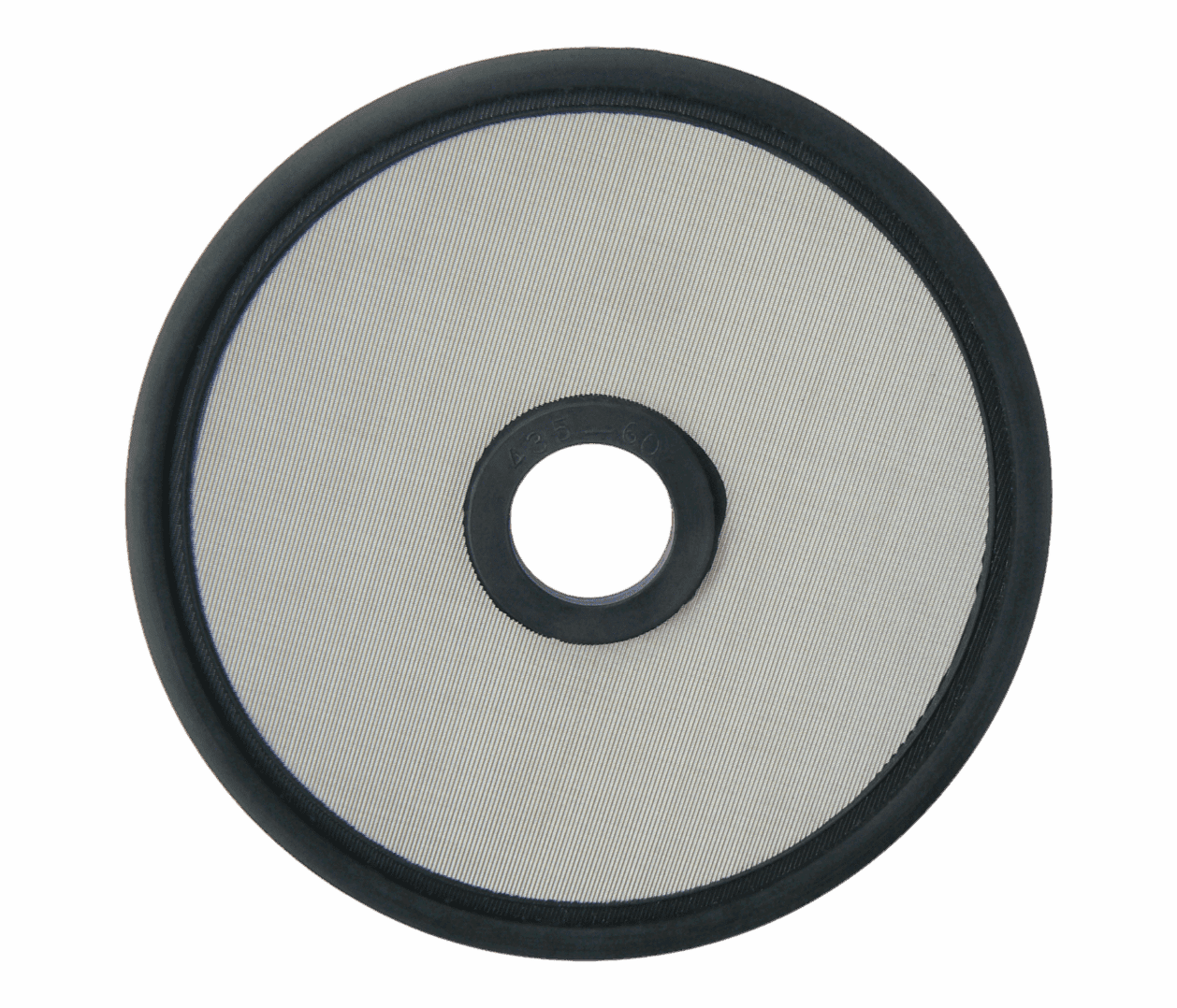 A circular mesh filter with a black outer ring and central hole.