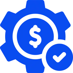 Blue gear with dollar sign and check mark icon.