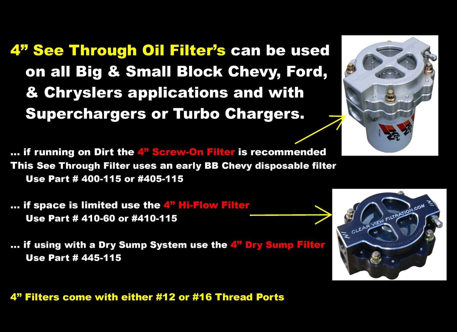 Oil filters can be used with various Big & Small Block Chevy, Ford, and Chrysler engines with turbochargers or superchargers.