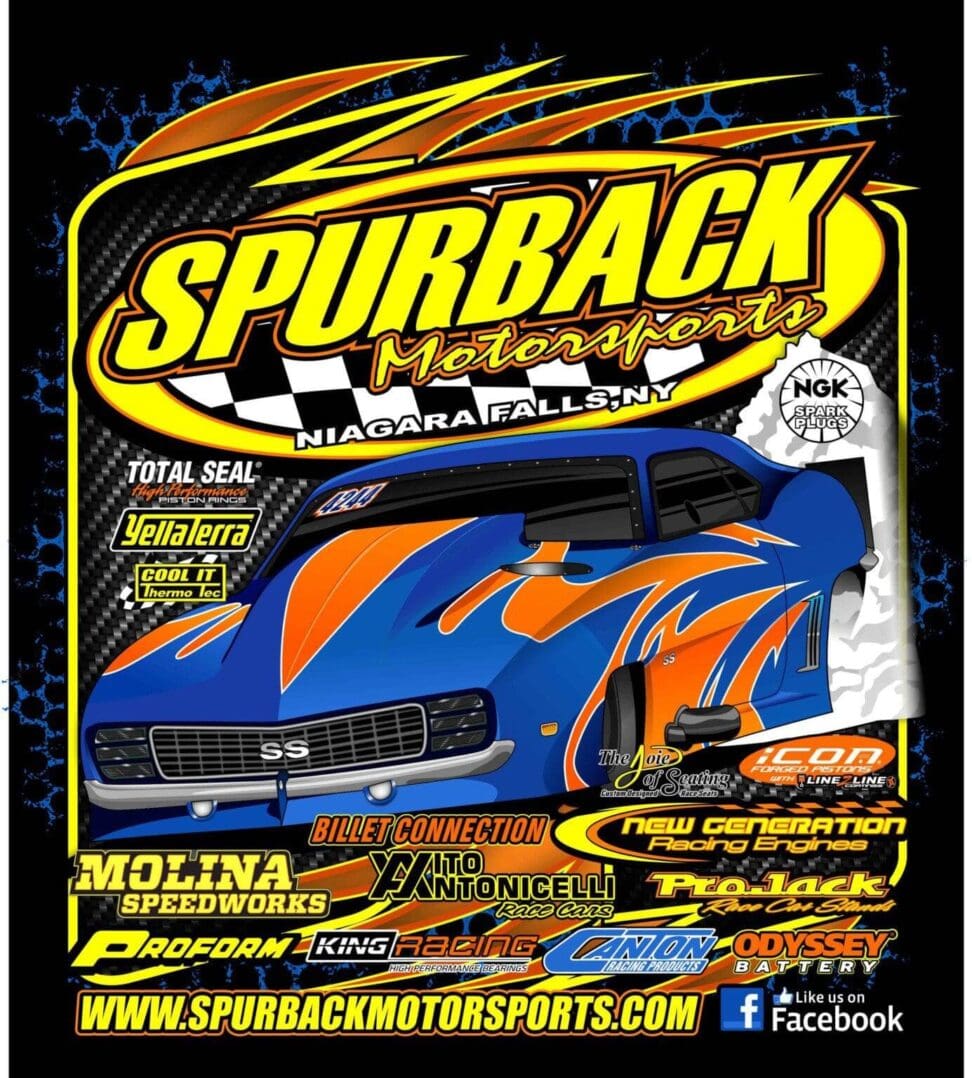 Colorful sports car with sponsor logos and a bold Spurback Motorsports logo.