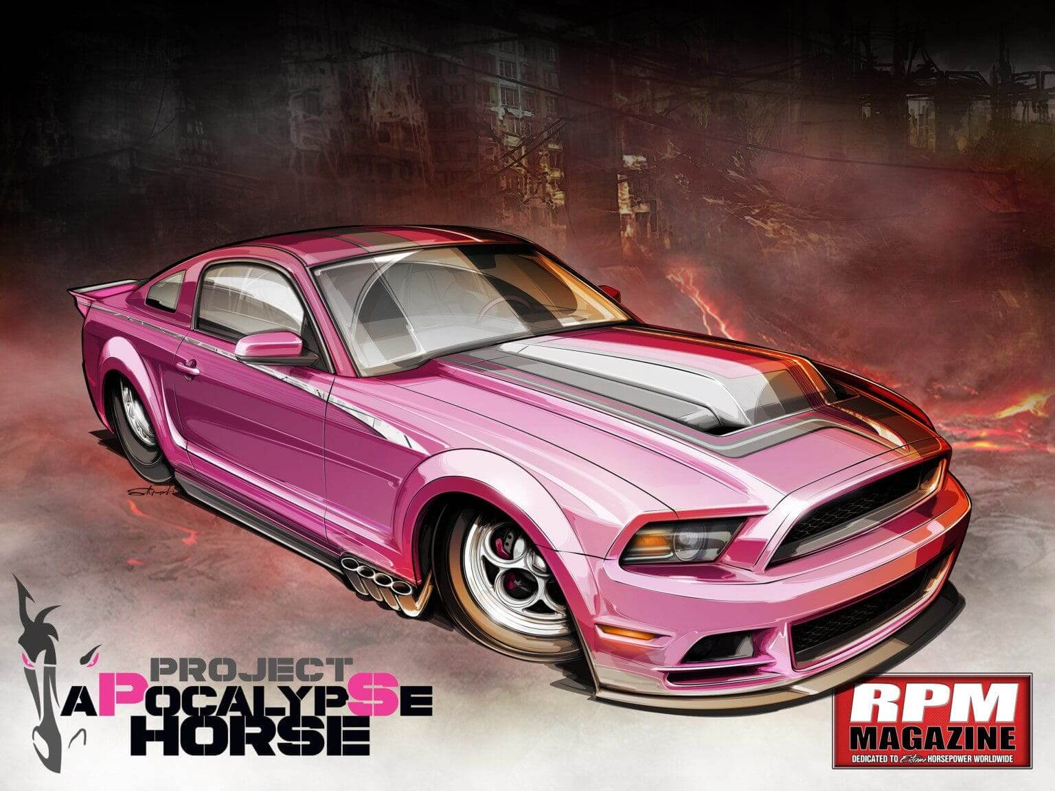 A customized pink muscle car with racing decals and wide tires.