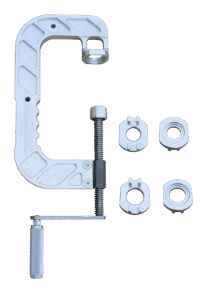 Silver C-clamp with four slotted nuts