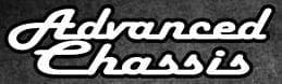 Close-up of a vintage 'Advance Chassis' logo in white on a black background.
